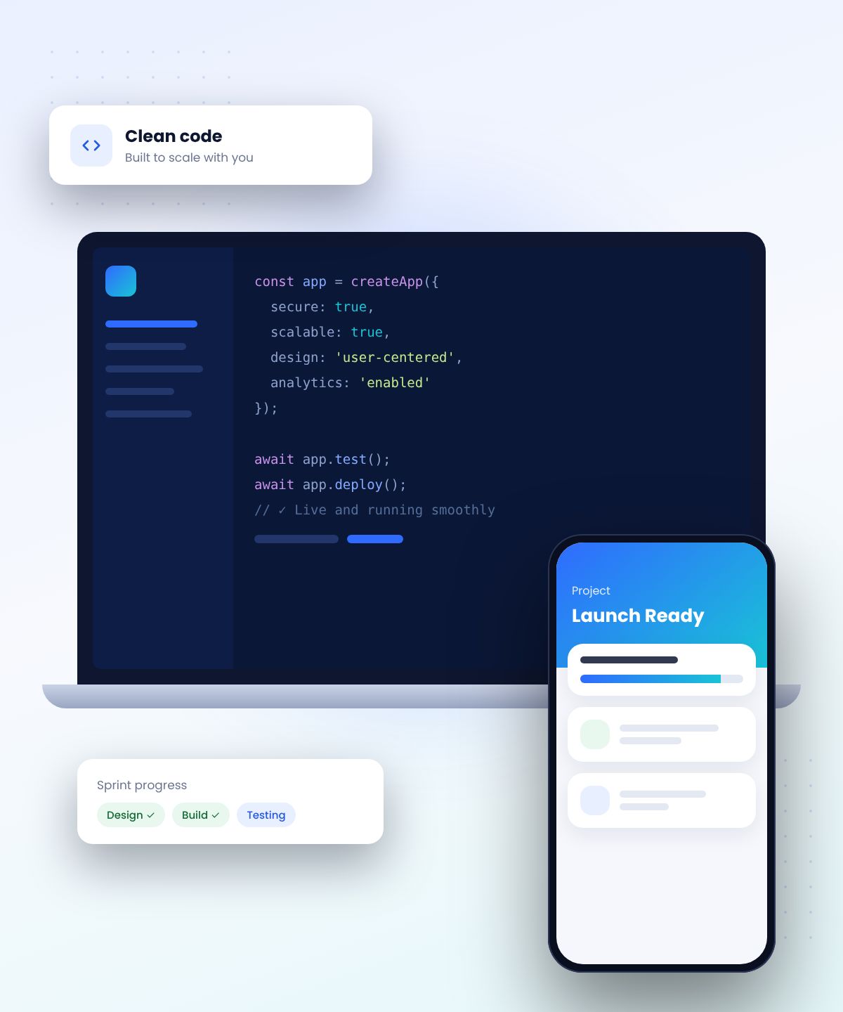 Illustration of app development: clean code on a laptop and a launch-ready mobile app