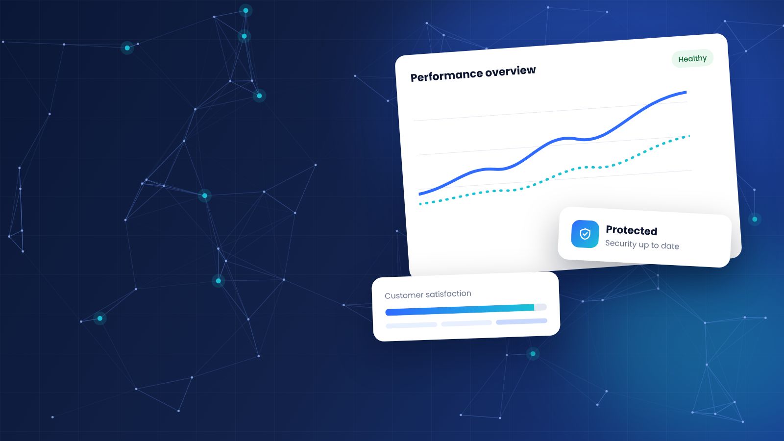 Illustration of performance, security and customer satisfaction dashboards
