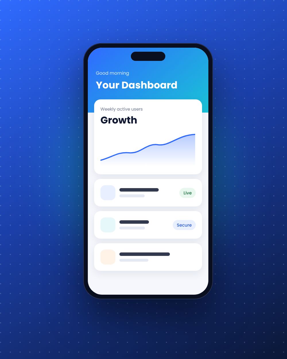 Illustration of a custom mobile app dashboard showing growth analytics